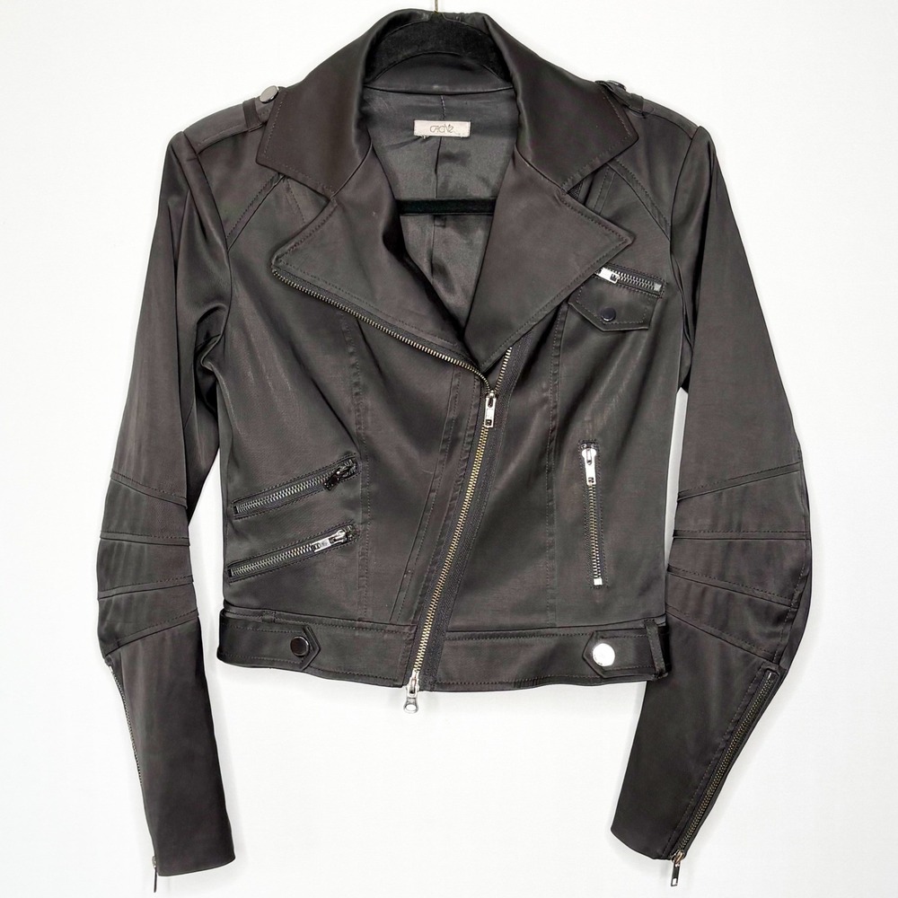 90s Cache Black Satin Moto Biker Jacket Asymmetrical Zip Cropped Size M